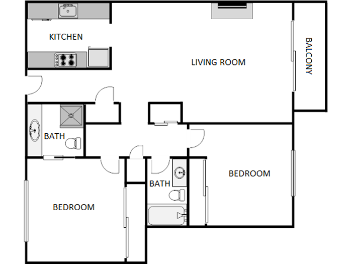 Floor plan for 2 beds, 2 baths, 1030 sqft